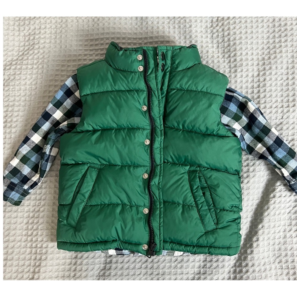 Gymboree Boys Classic Green Puffer Vest and Plaid Flannel Shirt Set Size 3T 4 XS